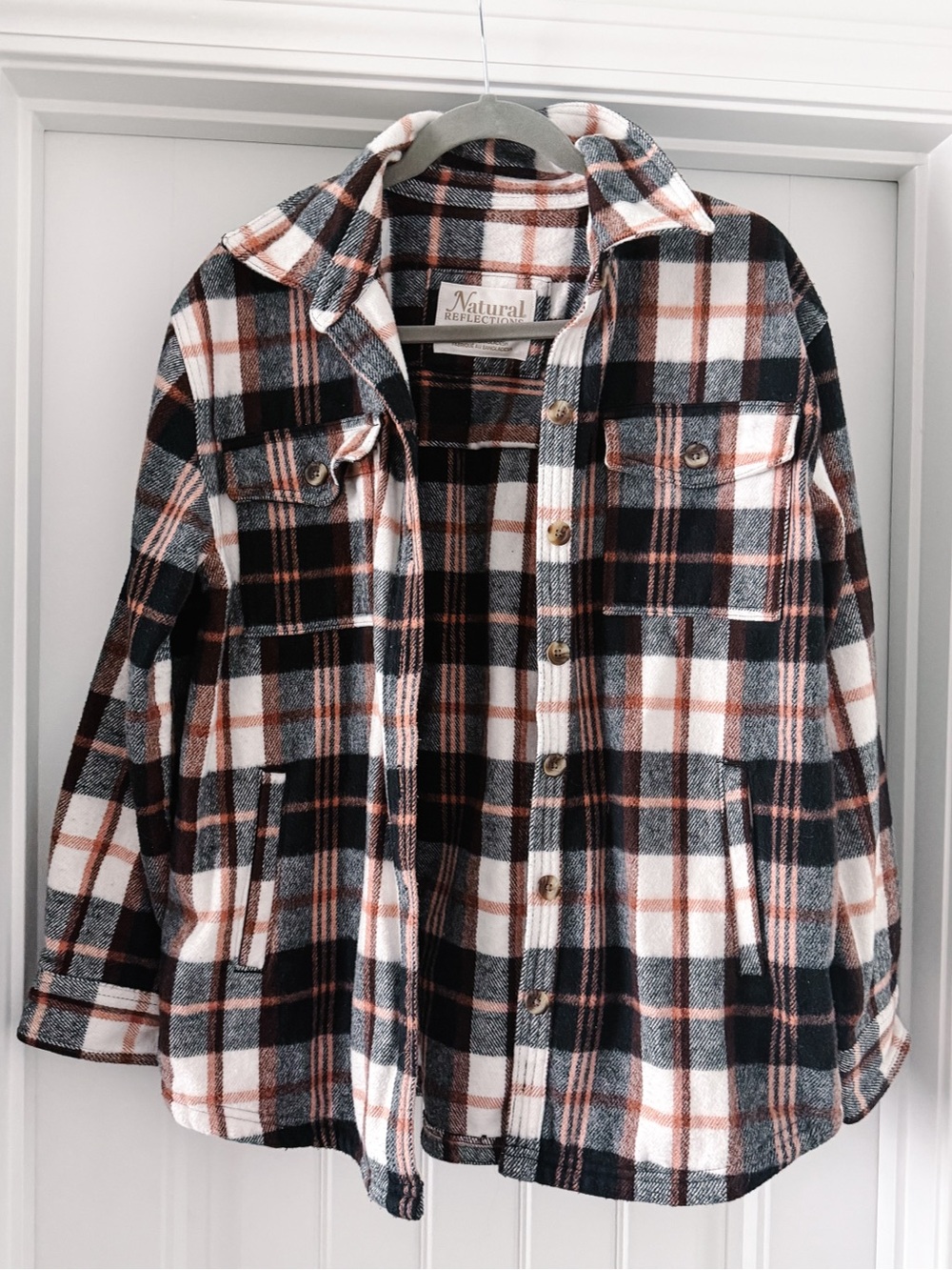 Natural Reflections Plaid Shirt Jacket in Black, White & Rust
